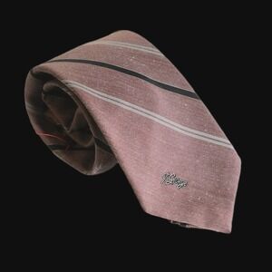 80s Vintage Mauve Logo Embroidered Silk Slim Necktie Pink Slate Diagonal Striped